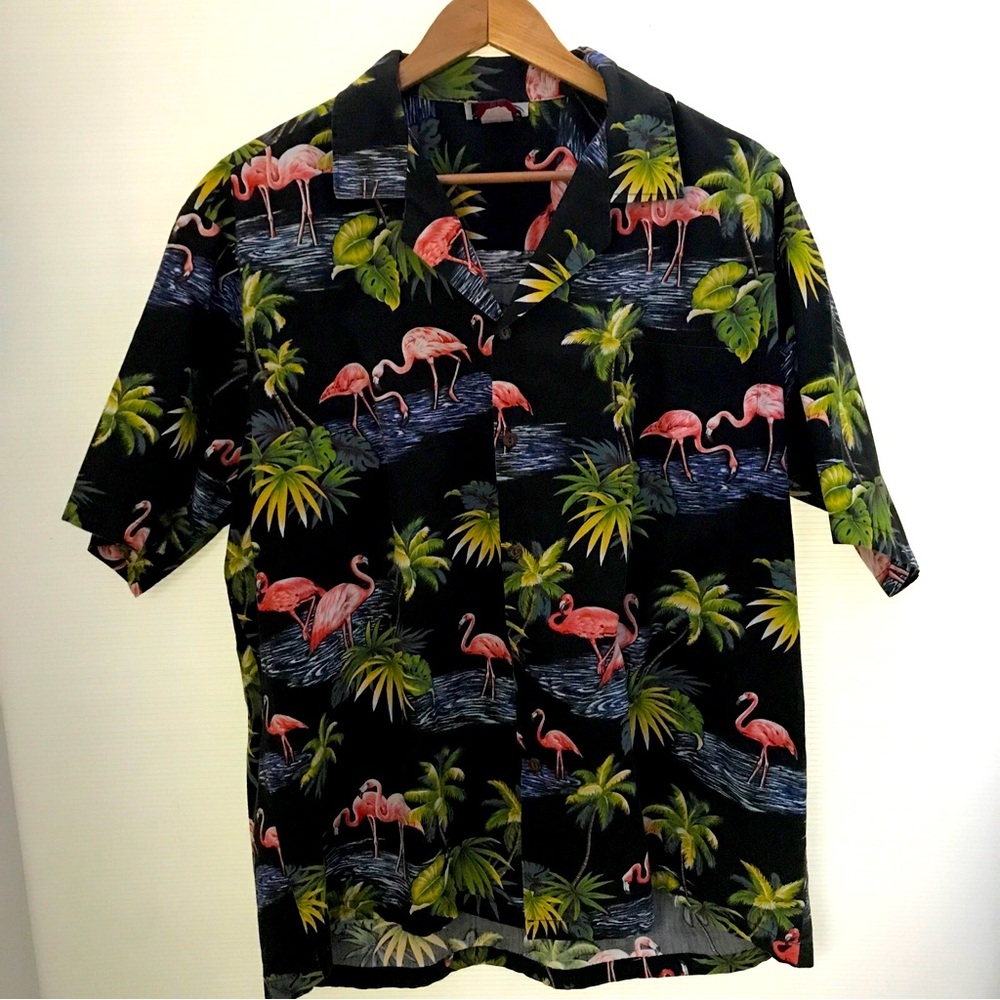 Pacific Legend Apparel Mens Hawaiian Shirt Pink Flamingos Blk Vtg Casual  XL